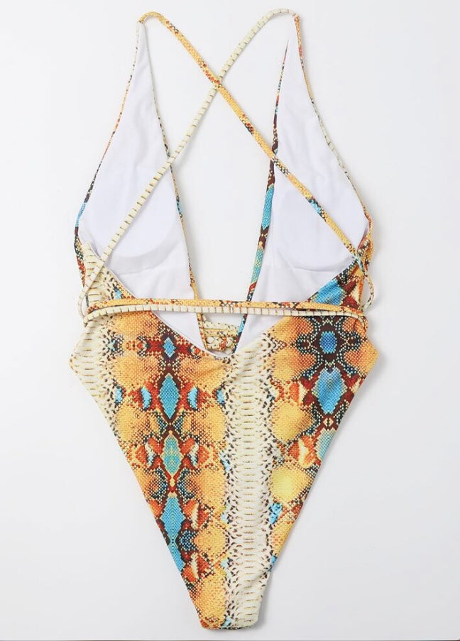 Women Yellow Snake One Piece Swimsuit