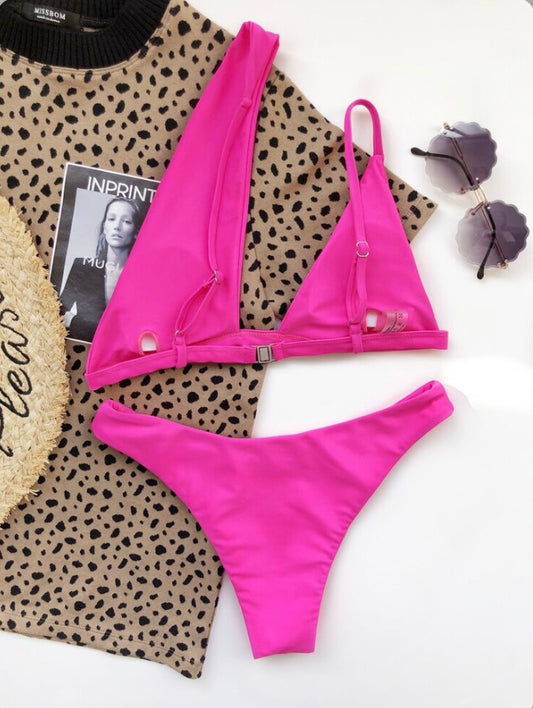 Women Pink Cross Shoulder 2 Piece Swimsuit