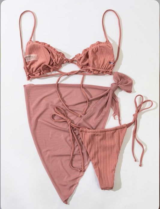Women Light Pink Feminine Triangle  Top 3 Piece Swimsuit and Skirt Set