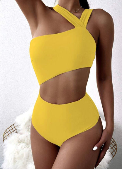 Women Yellow Cut Out One Piece Swimsuit